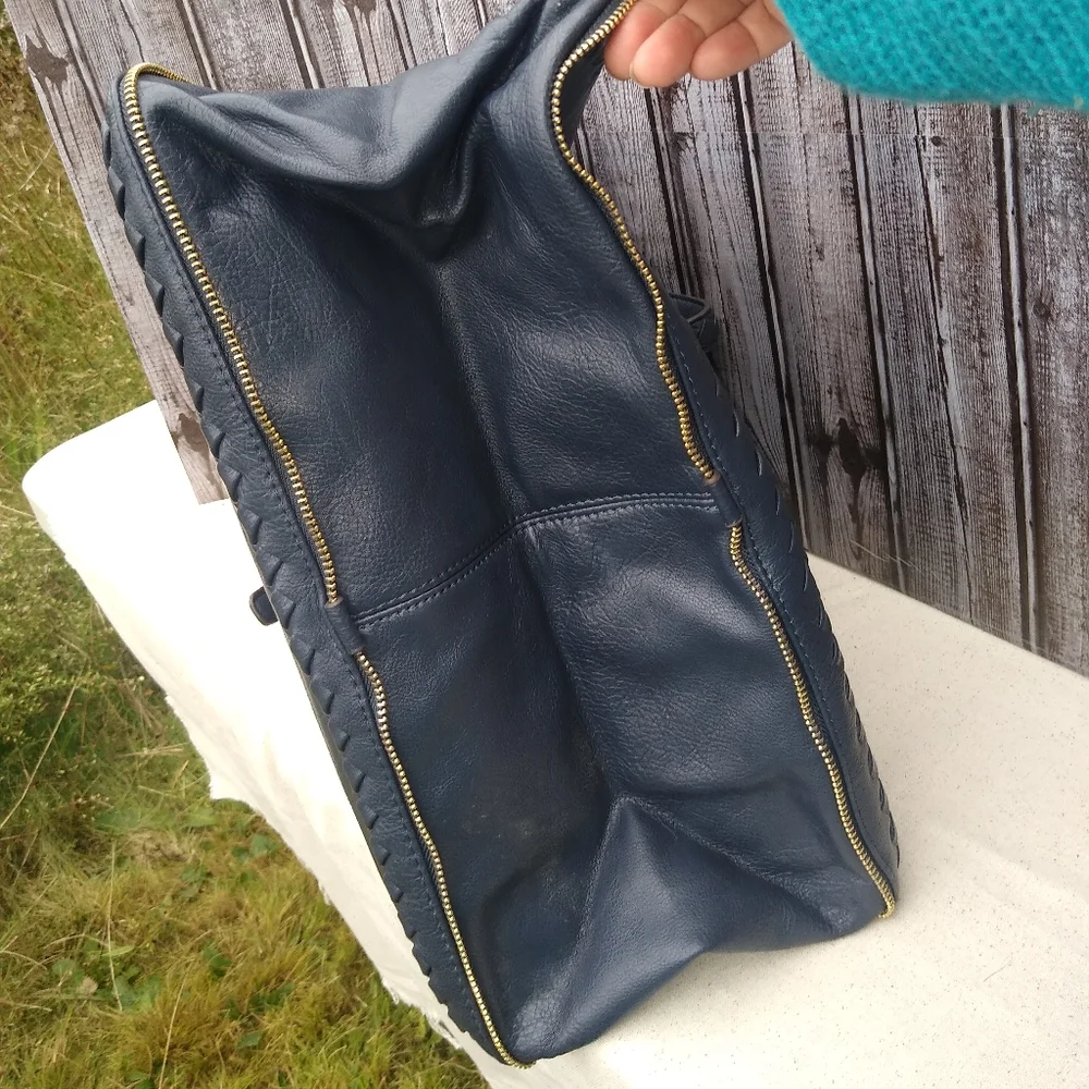 Leather Messenger Tote Bag Expandable Convertible Bag Navy Blue - Picture 9 of 16